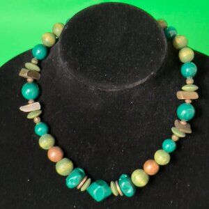 Green & Brown Beaded Necklace With Mixed Shapes & Textures